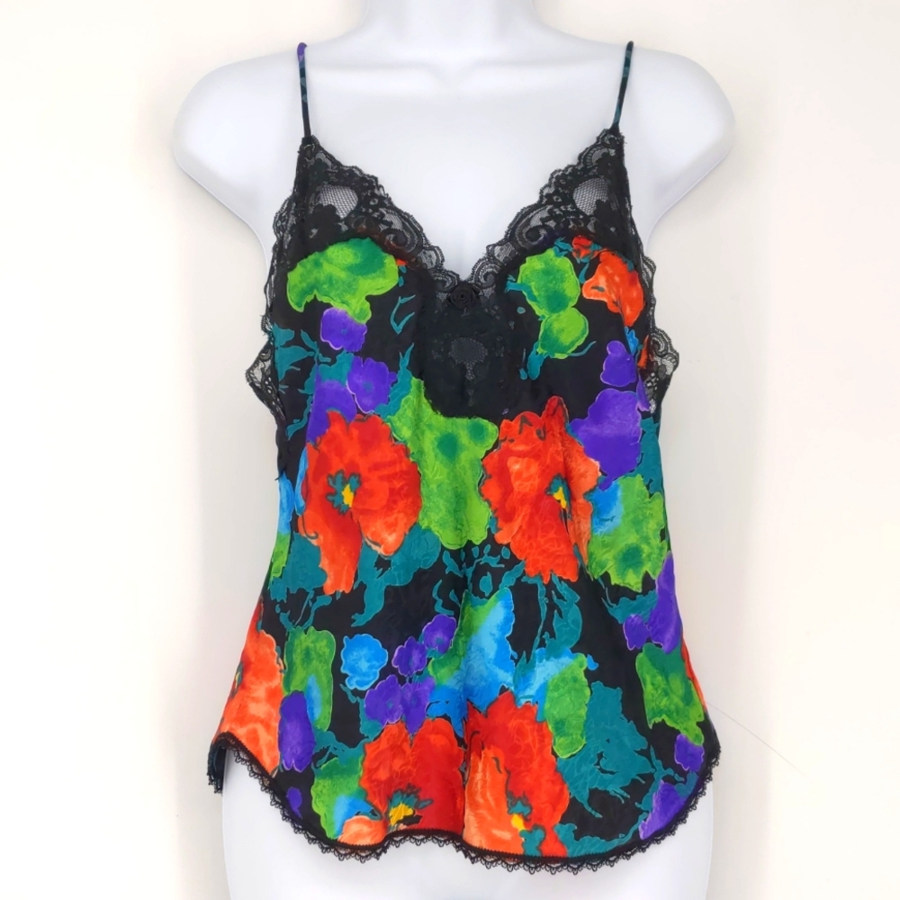 VTG 90s Indulgence Shiny Satin Jewel Toned Floral Camisole Size 34 Made in USA - Picture 1 of 7